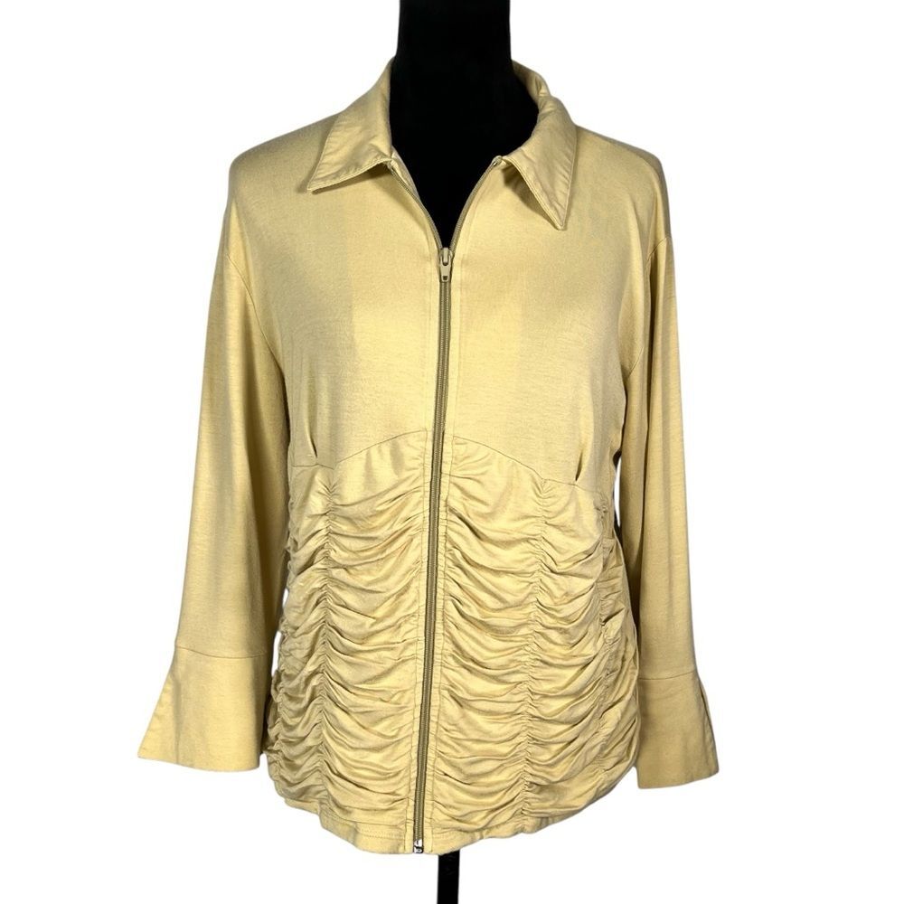Comfy USA Yellow Shirt Jacket Gathered Ruched Zip Front Bell Cuffs Jersey